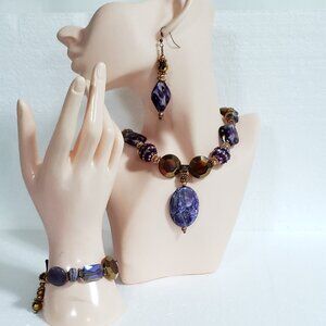 Purple & Golden Brown Beaded Necklace Parure (hand created)
